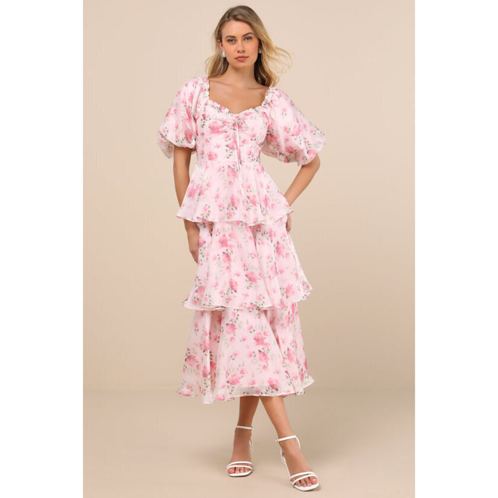 Lulus Romilly Light Pink Floral Tiered Midi Dress - Size S